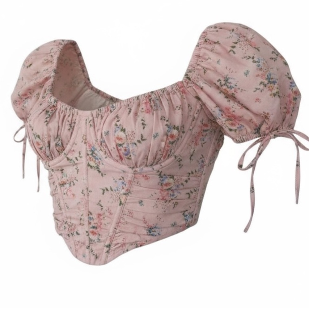 House of CB GRACIE PINK FLORAL PUFF SLEEVE CORSET TOP Size Large New with Tag - Picture 7 of 16